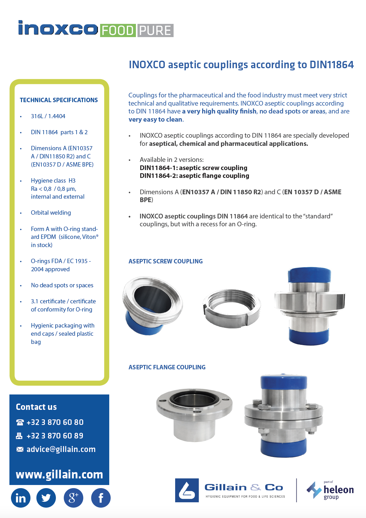 Aseptic couplings INOXCO - Gillain & Co part of Heleon Group