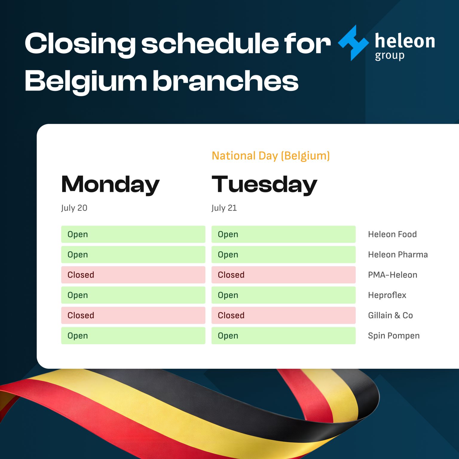 Gillain & Co is closed on 20 and 21 of July
